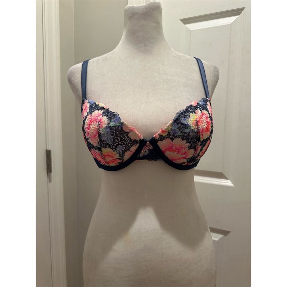 Victoria's Secret PINK Push Up Bra 34D Floral Navy Blue/Pink Adjustable Straps